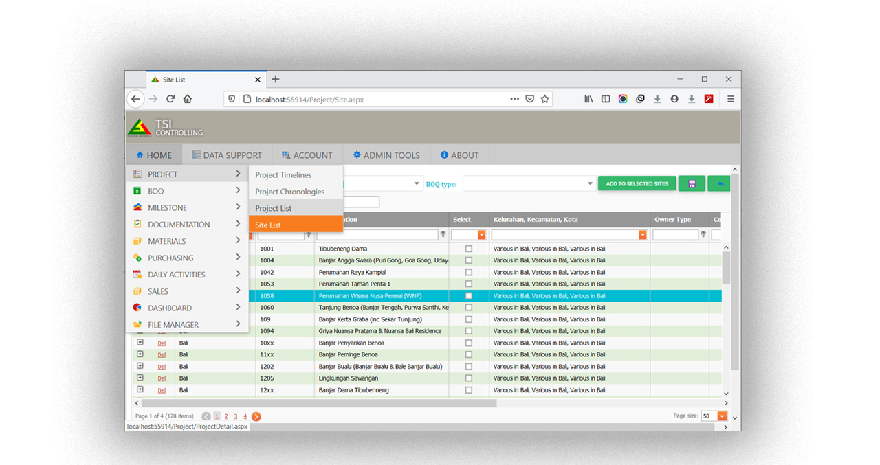 Project Controller Web App | Site List